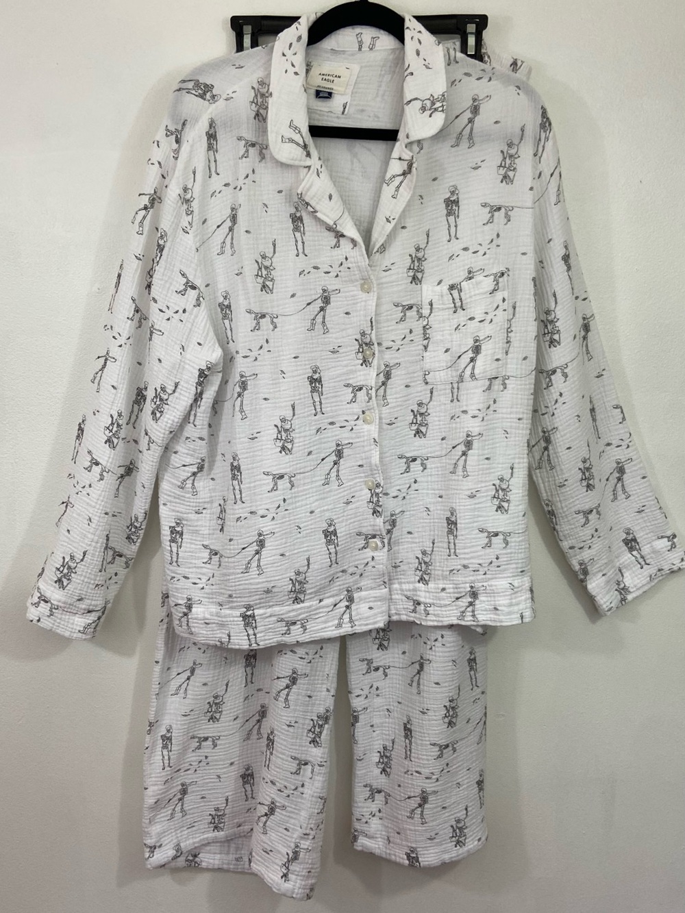 American Eagle skeleton pajama set Halloween cotton gauze XL 2 pieces whimsical - Picture 2 of 14
